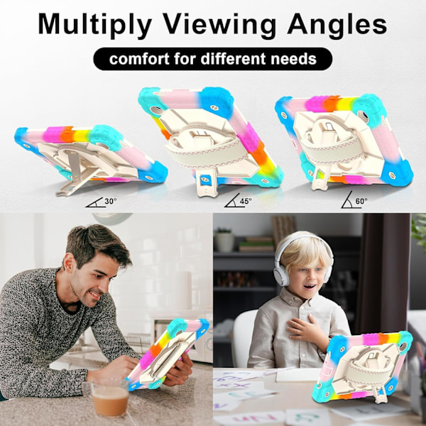 Tablettfodral för barn, Samsung Galaxy Tab A8 10,5 tum 2021, 3-i-1 Regnbågsfärger Stötsäkert Silikonfodral med Pennhållare, Axelrem, Handrem