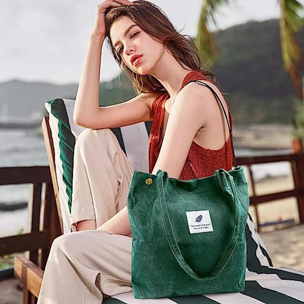 Cordfløyel Tote Bag for Kvinner Lerretet Skulder Cord Veske med Innerlomme