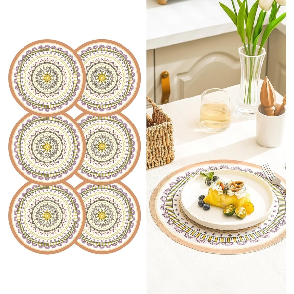 Bohemian Print Runda Mandala Bordstabletter PVC Set med 6 bordstabletter Tvättbar Värmebeständig halkfri bordsmatta för kök(B)