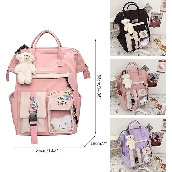 Kawaii reppu söpöillä pinni- ja pehmolelukoristeilla Kawaii koulu reppu Söpö esteettinen reppu-pinkki