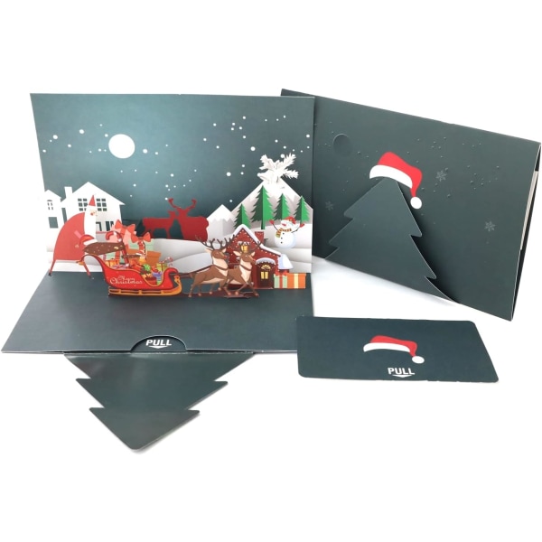 Julkort 3D Santa & Deer Cart Gratulationskort Julvykort, etikett och kuvert ingår - Presenter till jul, roliga god jul tackkort