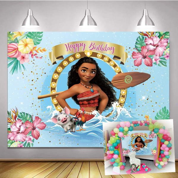 Summer Beach Baby Moana Theme Backdrops Pink Flowers Blue Water Girls 1St Birthday Party Background Baby Shower Moana(7x5ft)