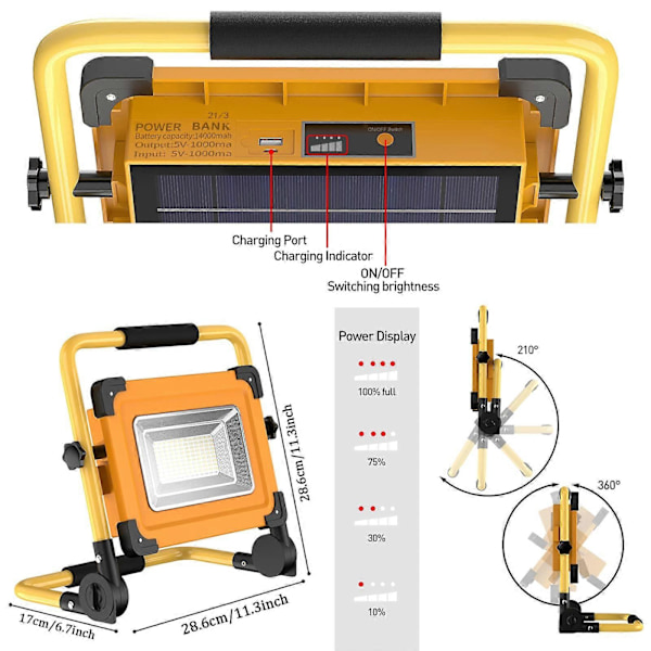 100W Solcellsladdad LED-arbetslampa, 120 LED-arbetslampa, 12000mAH Vattentät Batteri USB Power Bank för Bilreparation, Garage, Camping
