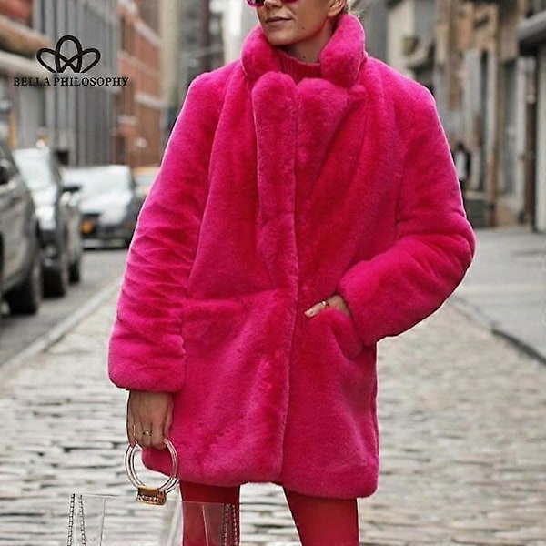 Lång Mode Päls Plysch Varm Elegant Ledig Lös Kappa Vinter Förtjockad Revers Fluffig Kappa rose red M
