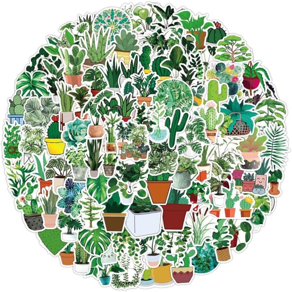 100 stk. levende, naturlige grønne plantesklistermærker, potteplanter, salvie, kaktus, bregne, blomster, æstetiske klistermærker til Hydroflask, vandflasker, notesbog, scrapbog, bærbare computere