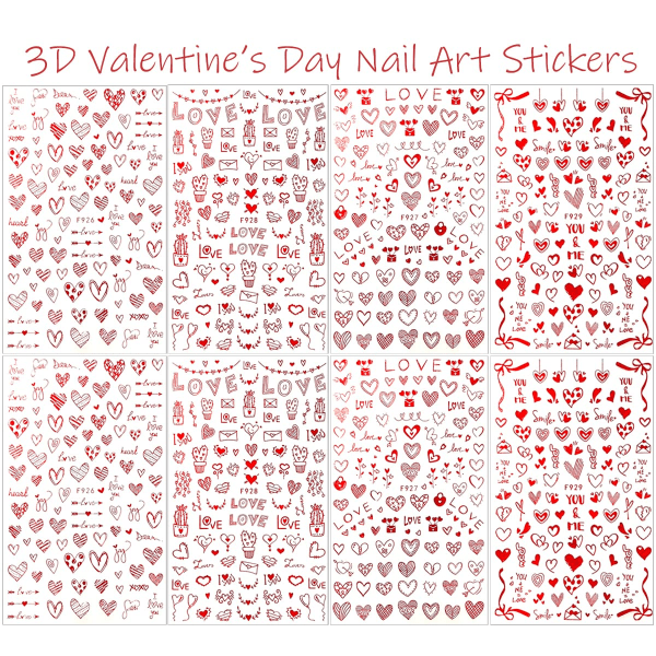 8 ark med hjerte-neglekunst-klistremerker, kjærlighetshjerter-negleklistremerker for kvinner, 3D selvklebende valentinsdag-neglekunst-rekvisita, laser-røde hjerteglitter-design