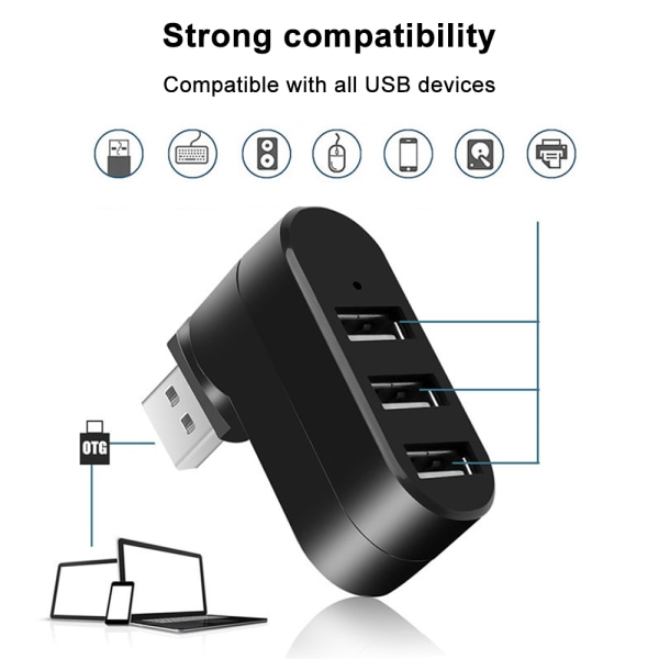 Premium 3-porters ABS Mini USB 3.0 Hub roterende 90°/180° USB HUB Kreativ Hub-svart