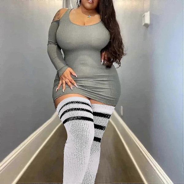 Plus Size Dame Lårstrømper til Tykke Lår - Ekstra Lange Stribede Tykke Over Vit svart