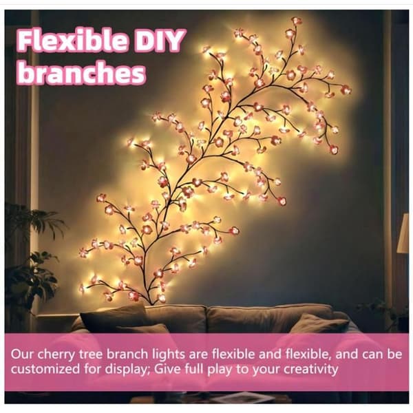 Cherry Blossom String Lights, Cherry Blossom Branch Shaped Lamp - 96 LED Sakura Wall Decoration, 8 Modes &