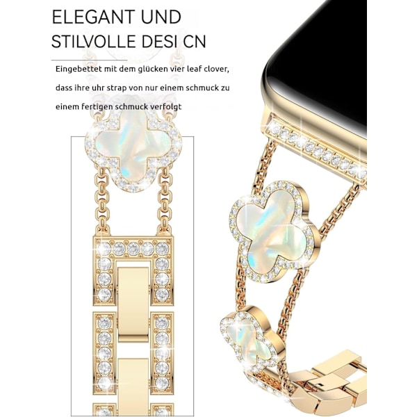 Bling Diamond Lucky Clover Damarmband Kompatibelt med Apple Watch Armband 38mm - 46mm Series SE 10 - 1, Sött Klänning Glittrande Diamantarmband Gold + colorful 38/40/41MM