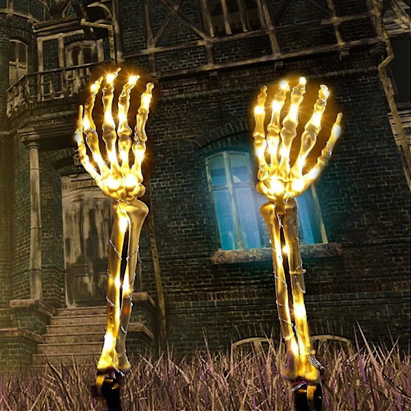 Halloween Skelett Händer Dekorationer, 2-pack Realistiska Skelett Arm Stakar, Upplysta Läskiga Händer Ben Ljus Upp Semesterfest SOLAR LIGHT