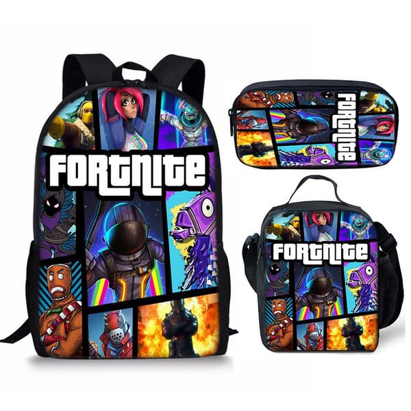 2026 Fortnite Student School Bag Fortnite Three-piece Backpack Lunch Bag Pencil Case Backpack (J) 1