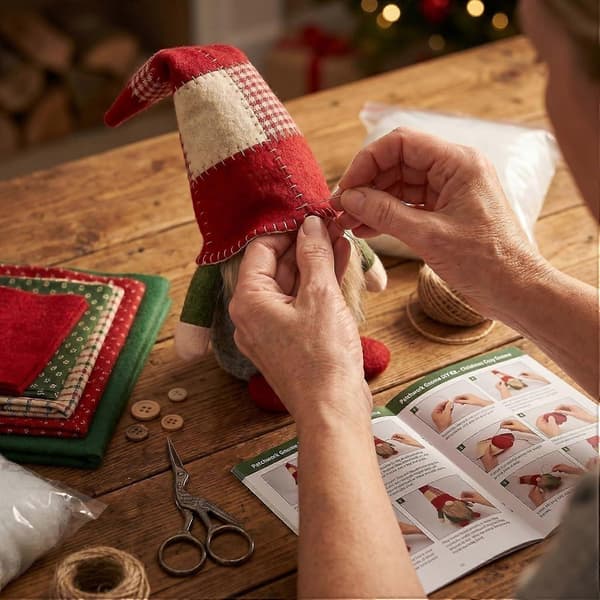 DIY-sy-sett til jul, materialpakke for patchwork-nisse, avslappende håndarbeidssett for julepynt k8