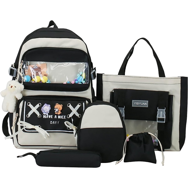 5st Kawaii Ryggsäck Set med söta hängen och nålar Tillbehör Estetisk ryggsäck för tonårsflickor 17 i söta skolväskor Bokväska svart