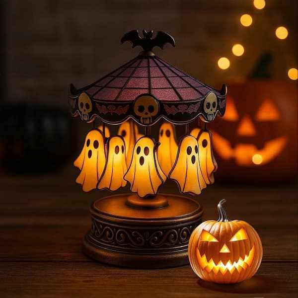 Luminous Ghost Carousel Halloween Spooky Carousel Lamp Decorations Floating Ghost Indoor Tabletop Decor for Kitchen Living Room
