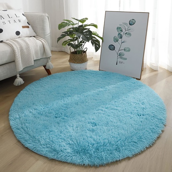 Rund matta, modern matta med hög lugg, sängmatta i sovrummet, bekväm och mjuk, halkfri lurvig golvmatta, fluffig matta, kunglig blå, 60 cm/24 tum