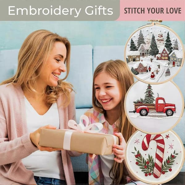 Julebroderi SÆT, Håndlavede DIY broderisæt med tryk til begyndere og voksne With material package 7