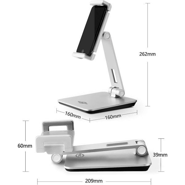 Tabletthållare, justerbar i flera vinklar, solid tabletthållare i aluminium, lämplig för 4``-14'' surfplatta/mobiltelefon