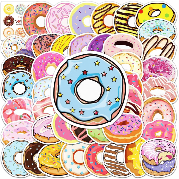 50-pakning Donut-klistremerker for vannflasker, notatbøker, telefoner, motorsykler, datamaskiner, gitarer, skateboard, vannflasker, godteri, snacks, vinylklistremerker for tenåringer og voksne