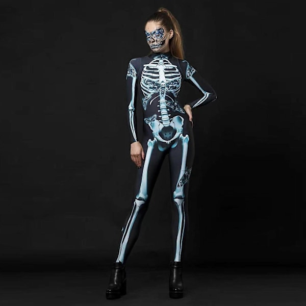 halloween skelet hovedskal 3d catsuit jumpsuit kvinder cosplay bodysuit fancy kjole, 100% ny M
