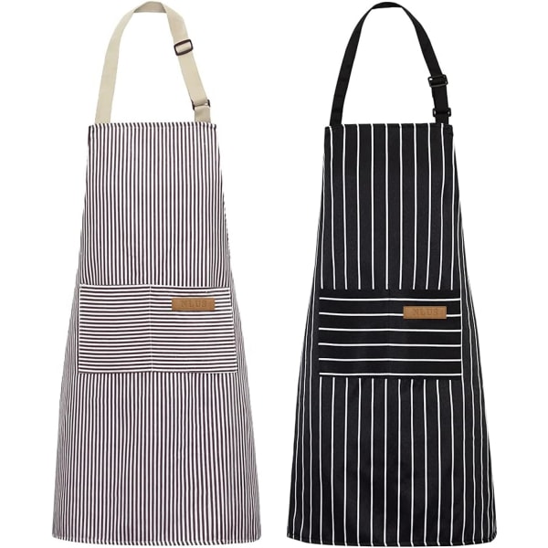 2 Pack Kitchen Cooking Aprons, Adjustable Bib Soft Chef Apron with 2 Pockets for Men Women(Black/Brown Stripes)