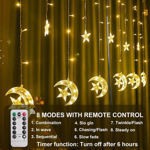 Ramadan Gardinlys Stjerner Måne, 3,5M LED Ramadan Lyslenke, 8 Moduser Ramadan Gardinlys Batteri/USB, Ramadan Dekorasjon