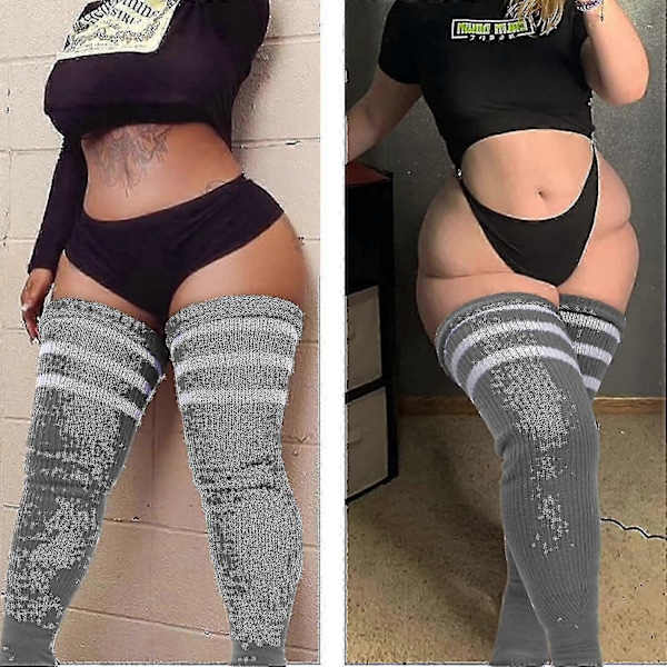 Plus Size Dame Lårstrømper til Tykke Lår - Ekstra Lange Stribede Tykke Over Kalksten Grå Vit
