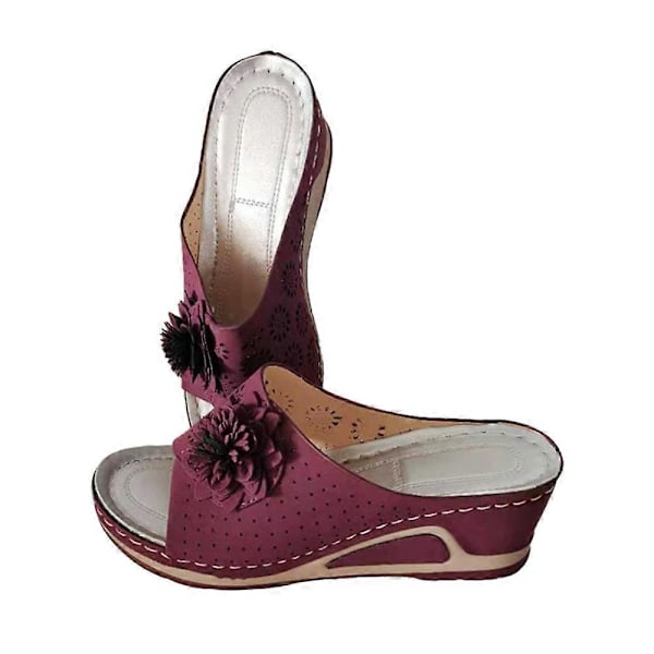 Plus Size Sandaler för Kvinnor, Vävda Blommiga Kilklackar för Inomhus och Utomhus Purple 37