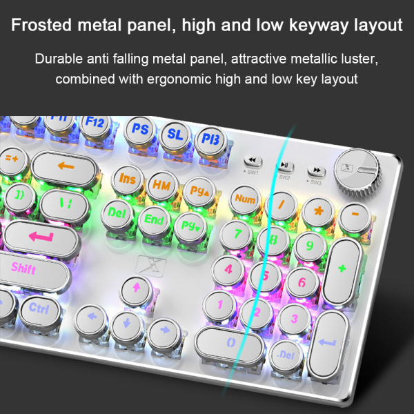 Gaming-tastatur med ledning, flytende tastatur, ergonomisk, vanntett, mekanisk følelse, tastatur-k901, runde taster, hvitt