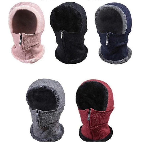 Vinterhalsduk med munskydd i fleece för kvinnor, varm stickad mössa, 1 stycke (rosa)