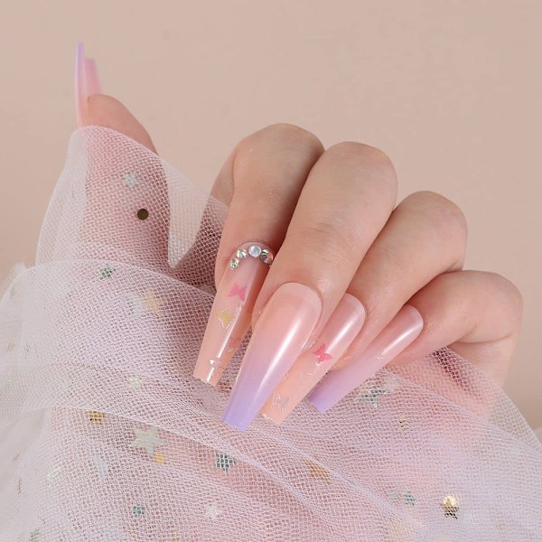 Andy's Orchids 24 stk. Ombre Kunstige Falske Negle, Sommerfugl Ballet Kiste Falske Negle Bære Langt Afsnit Manicure Patch Tryk På Falske Negle Kunst Tips