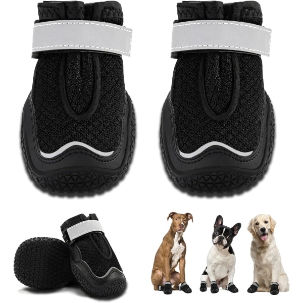 Hundeboots pustende hundesko for varmt fortau, hundeboots med reflekterende stropper, valpe utendørs potebeskyttere for fotturer og løping svart størrelse 7