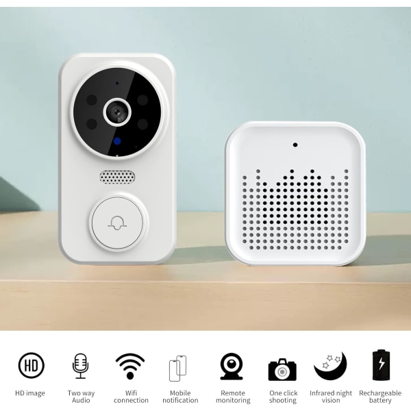 Trådløs smart videodørklokke med ringeklokke, Intercom HD nattesyn WiFi genopladelig sikkerhedsdørklokke trådløs, 2-vejs lyd, APP-styring til hjemmet hvid