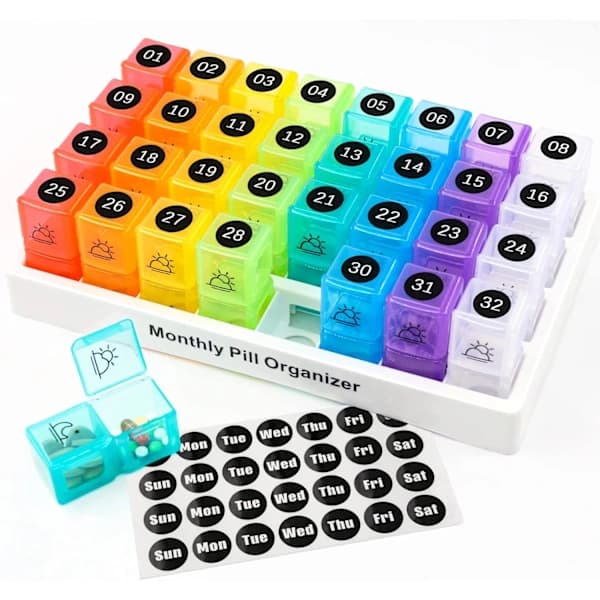 Monthly Dosing Kit with 32 Removable Compartments and Labeling Labels, Pill Organizer for Twice a Day.