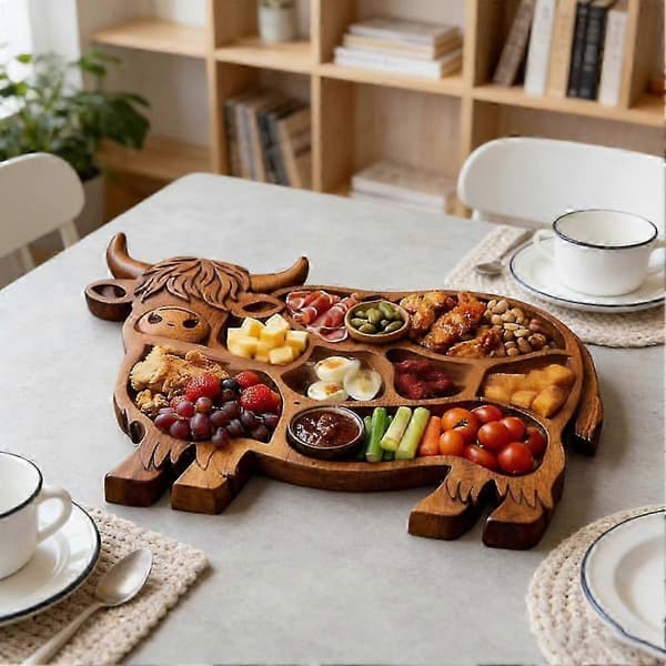 Charkbräda i trä med Highland Ko-design, Serveringsbräda i naturträ, Rustik serveringsbricka, Ostbricka, Snackbräda A