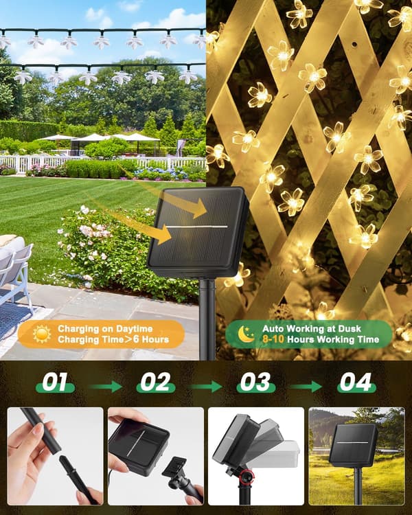 Solar Powered Sakura String Lights 8 Functions Waterproof Outdoor Decoration for Garden, Warm White [7m 50leds]