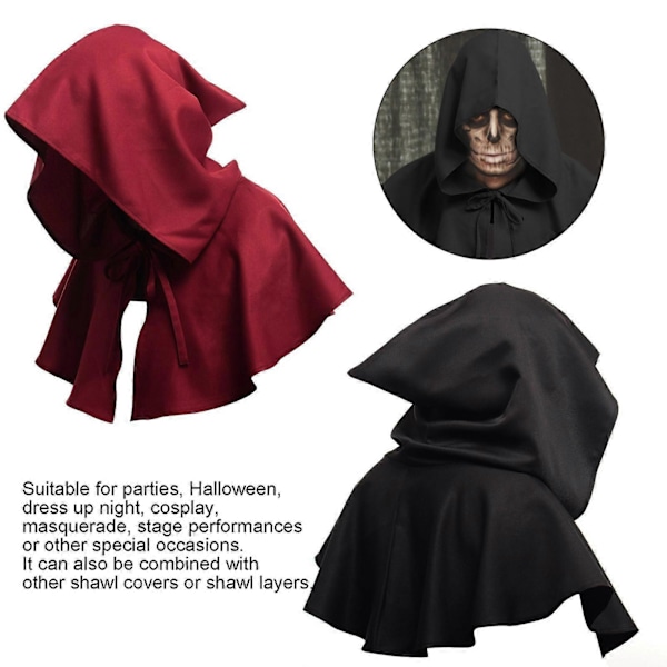 Middelalderlig Cowl Hat Halloween Cosplay Hætteklædt Cape Unisex Middelalderlig Cape Hat Hvid, 100% Ny röd