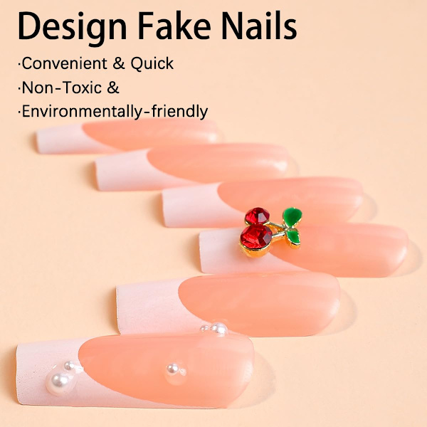 Lange firkantede franske kunstige negle med diamant kirsebærsløjfe perle design falske negle Praktisk at bære Glossy Pink akrylnegle 24 stk