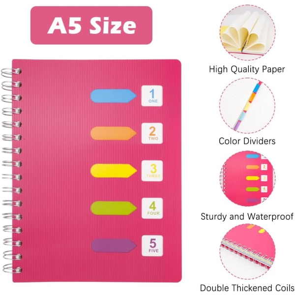 A5 Spiral Notebook med 2 stk. indeksfaner, WireBound Notebook med 5 farvede skillevægge, A5 notesblok, plastomslag linjeret sidejournal (Pink)