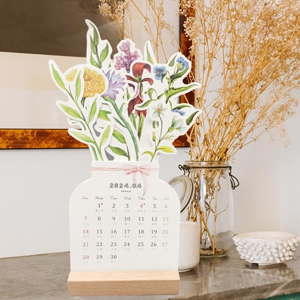 Skrivbordskalender 2024, kreativ blomkalendervasformad ny månadskalenderplanerare med träbas kontorsdekoration (5,2 x 8,9 tum)