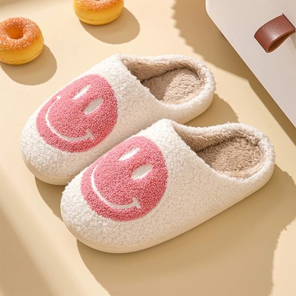 Smilende ansigt til kvinder Happy face slippers Retro bløde plys varme slip-on slippers, hyggelige indendørs udendørs slippers - 40-41 (egnet til 39/40)pink