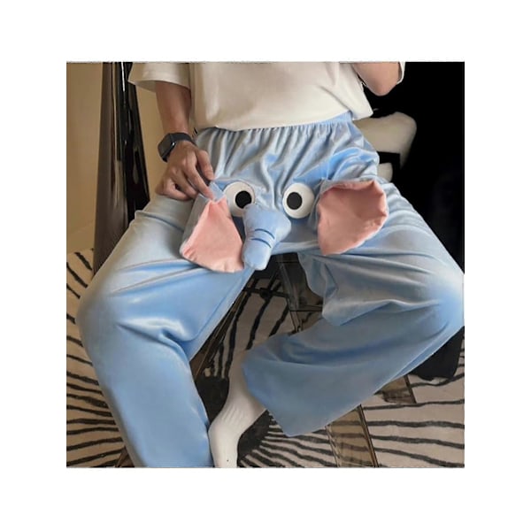 Roliga Elefantbyxor för Kvinnor och Män - Loungebyxor för Hemmet, Plysch, Parpyjamas, Present till Pojkvän Blue L