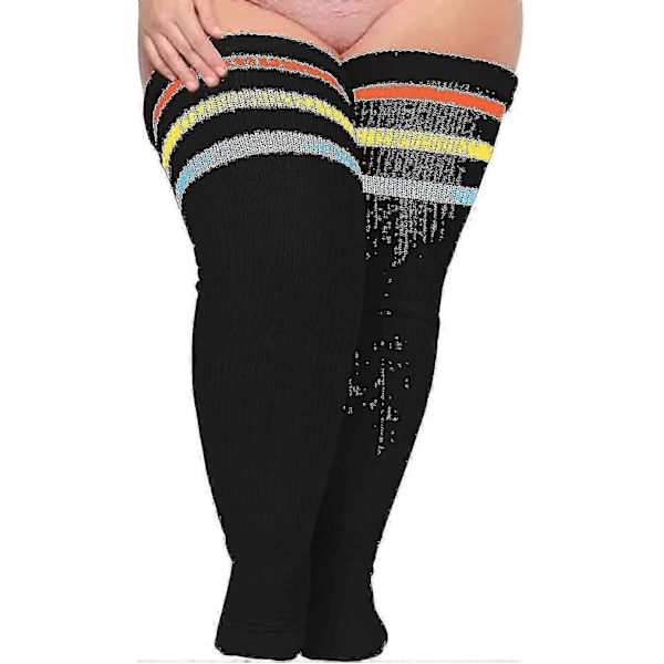 Plus Size Dame Lårstrømper til Tykke Lår - Ekstra Lange Stribede Tykke Over Svart Orange Gul Blå