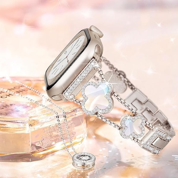 Bling Diamond Lucky Clover Damarmband Kompatibelt med Apple Watch Armband 38mm - 46mm Series SE 10 - 1, Sött Klänning Glittrande Diamantarmband Starlight color + colorful 42/44/45MM