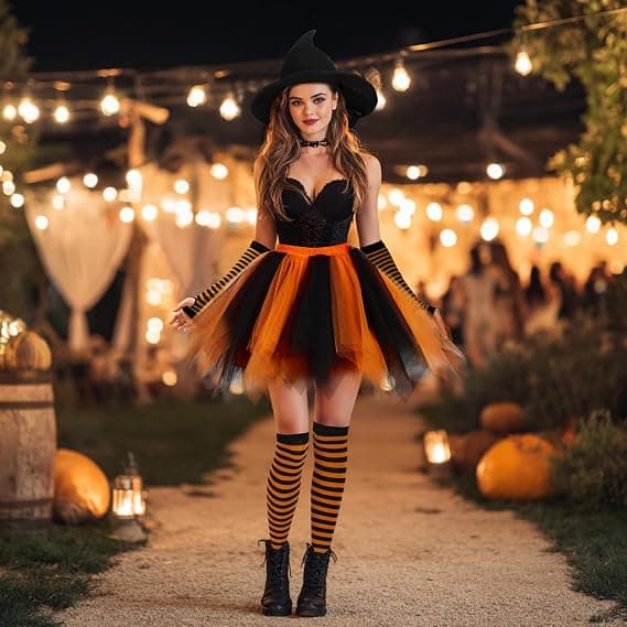Halloween Heksekostumer til kvinder Gotisk Cosplay Heksehat Tylskørt Stribede Knæstrømper Armvarmere Sæt