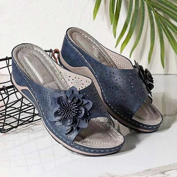 Plus Size Sandaler för Kvinnor, Vävda Blommiga Kilklackar för Inomhus och Utomhus Black 36