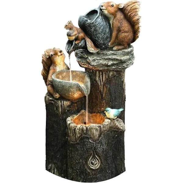 Solar-powered Squirrel Shaped Cascade Water Fountain with LED Lights and Water Pump.