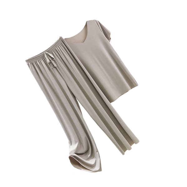 Pyjamassett i issilke for kvinner T-skjorte elastisk midje løse bukser Lys grå Light gray 3XL
