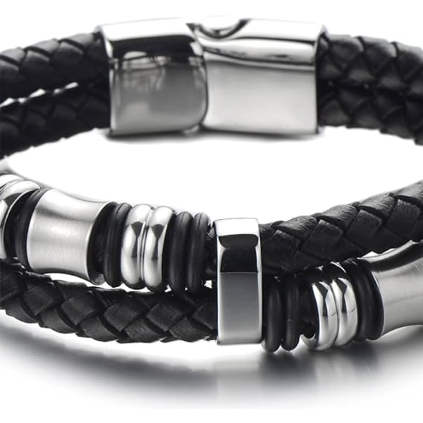 Dubbelradigt flätat läderarmband för män Armbandsarmband med prydnader i rostfritt stål (svart-vit)
