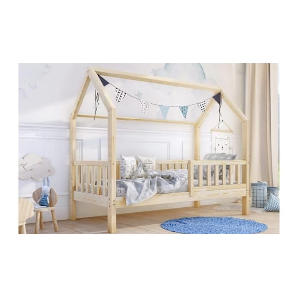 Børnehytteseng - Profiwood - i limet fyrretræ med barrierer, skandinavisk stil, Montessori type, natur, 70×140 cm Naturlig